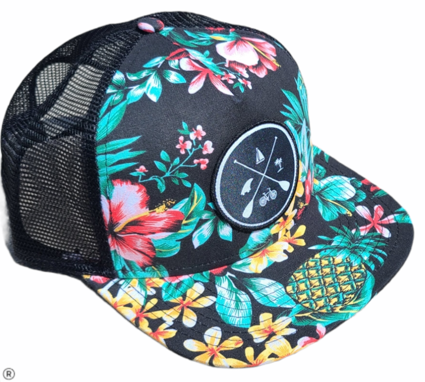 Paddle Board Newport Beach Trucker Snapback Hat Black Floral